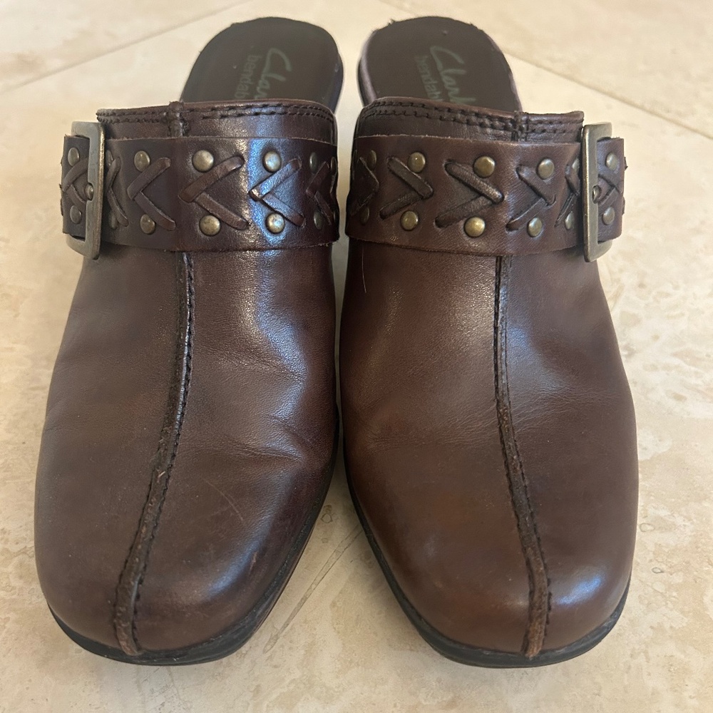 Clarks Vintage Brown Leather Heeled Mules 6.5
